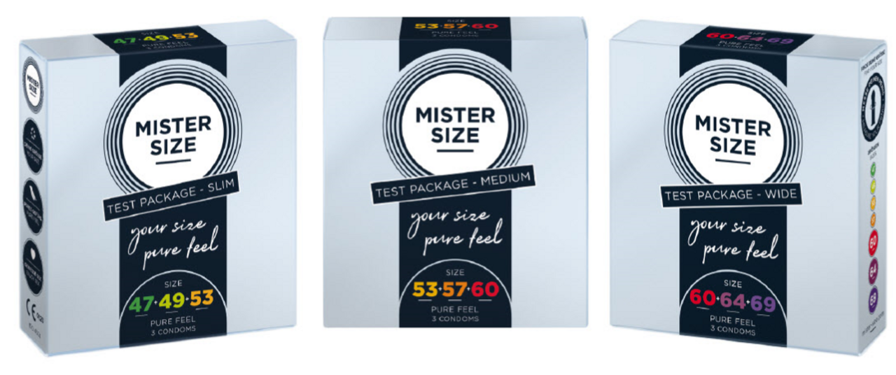 Drei verschiedene Mister Size Kondom-Testpackungen