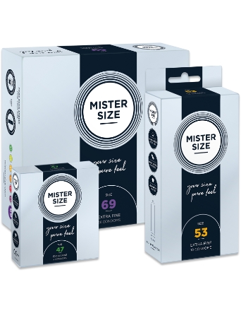 Drei Mister Size Kondom Verpackungen