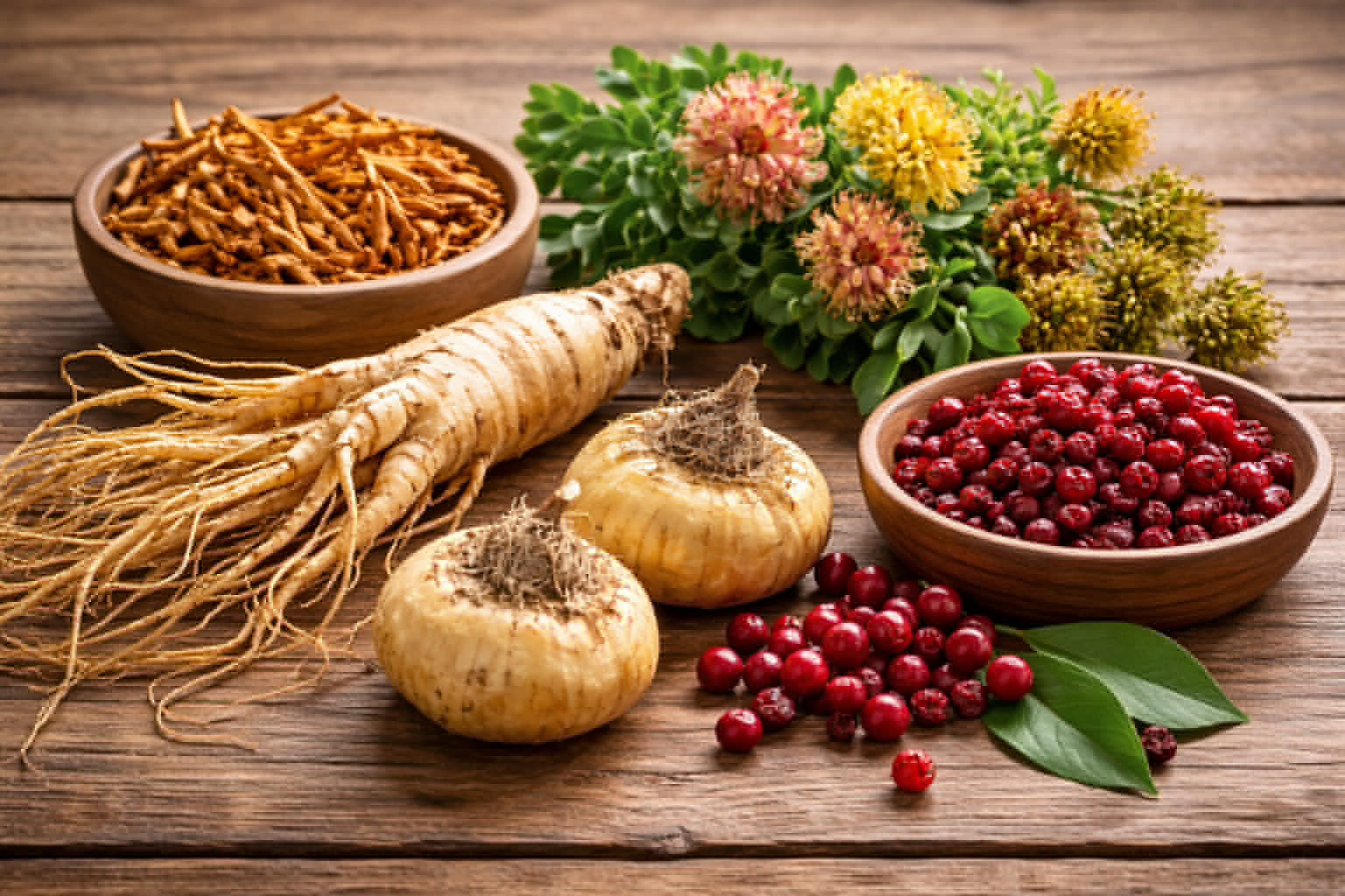Inhaltsstoffe in vielen pflanzlichen Potenzmitteln: Ginseng, Cordyceps, Rhodiola, Schisandra und Maca